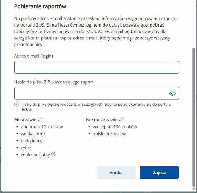 Okno Pobieranie raportów w eZUS