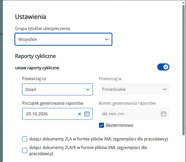 Okno Ustawienia raportu cyklicznego w eZUS