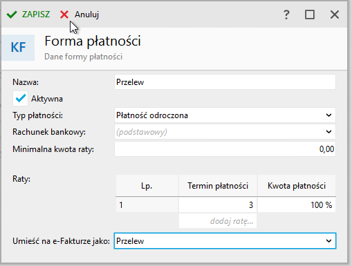 Okno Forma płatności w Subiekcie nexo